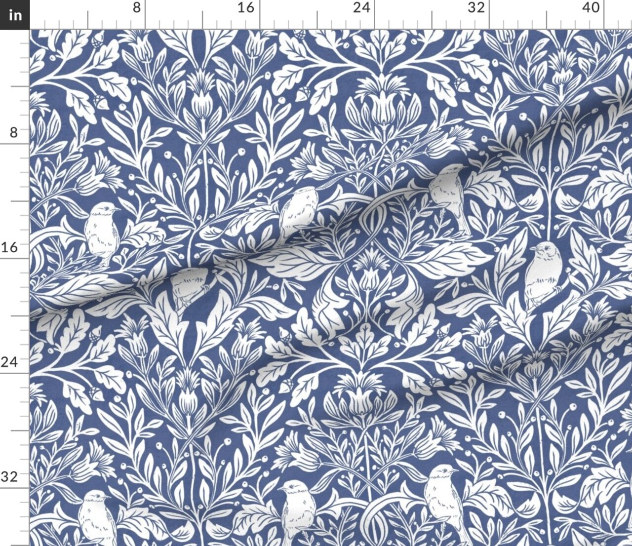 Woodland Blue Birds Traditional Block Print Botanical Floral Victorian Garden Custom Printed Fabric by Spoonflower Various Fabrics by the Yard or Fat Quarter